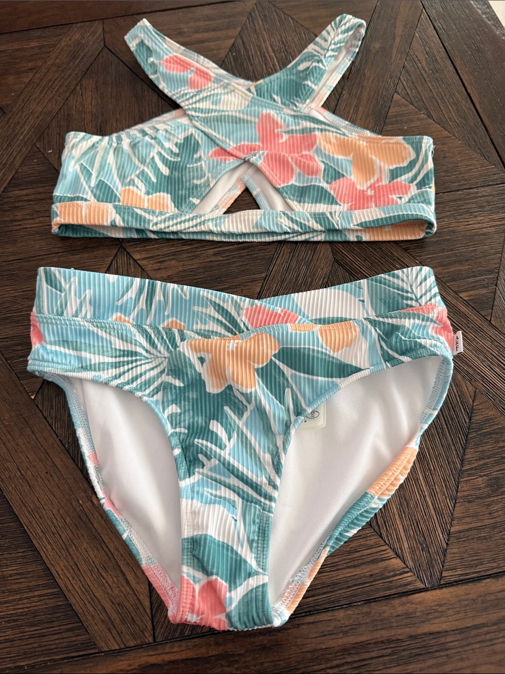 Abercrombie & Fitch Girls Bikini Set Size 11/12 Tropical Floral Ribbed Swimsuit